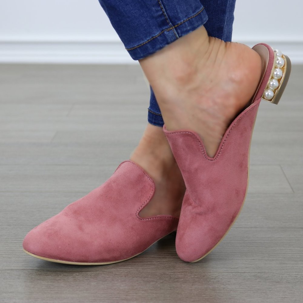 Suede Slip On Loafer Mule Pearl Accents on Heel - Picture 8 of 9
